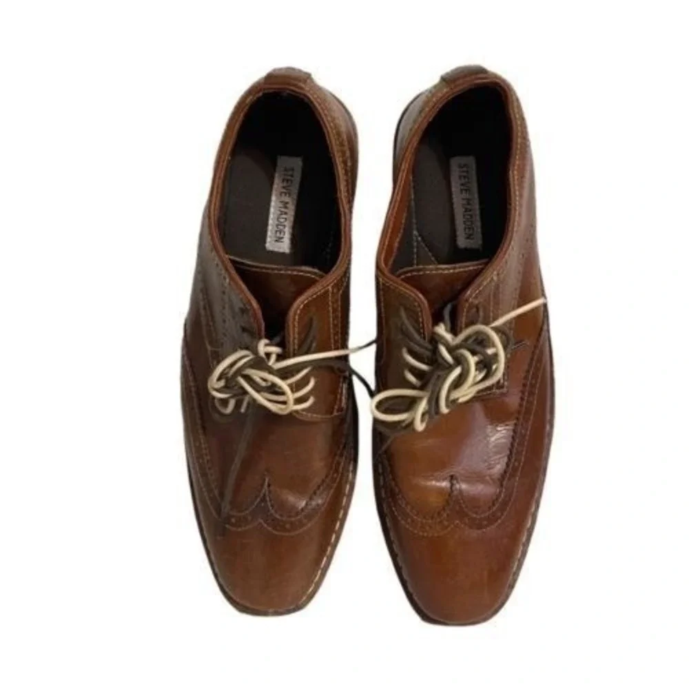 Steve Madden Men;s Cognac Brown Leather Wingtip Oxford Dress Shoes‎ Size 10.5